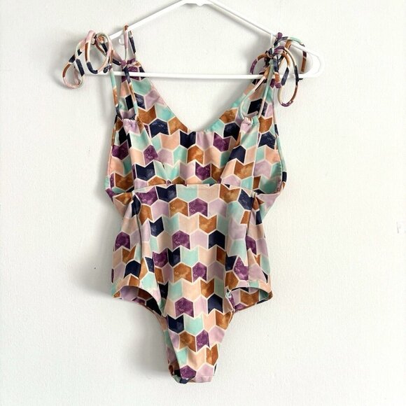 NEW Tori Praver Seafoam Chevron Geometric Print One Piece Swimsuit Sz Small - Picture 5 of 10